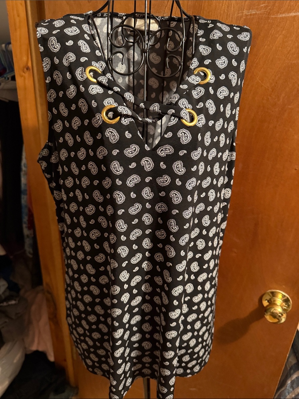 Michael Kors Black & White Paisley Lace-Up Sleeveless Mini Dress